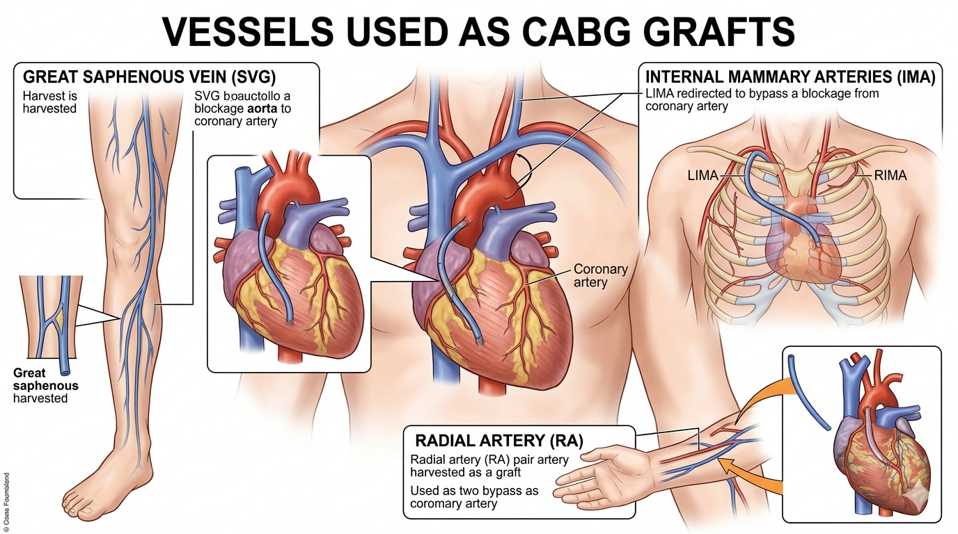  A medical infographic showing the three primary vessels used for heart bypass surgery.