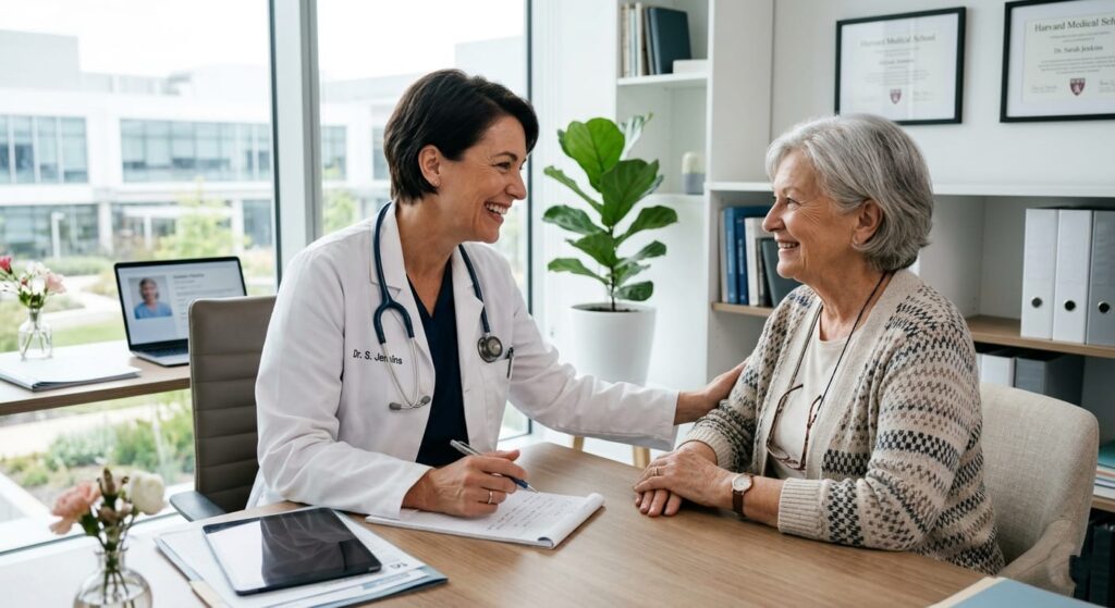 Caring doctor discussing bypass surgery complications and recovery steps with a senior patient