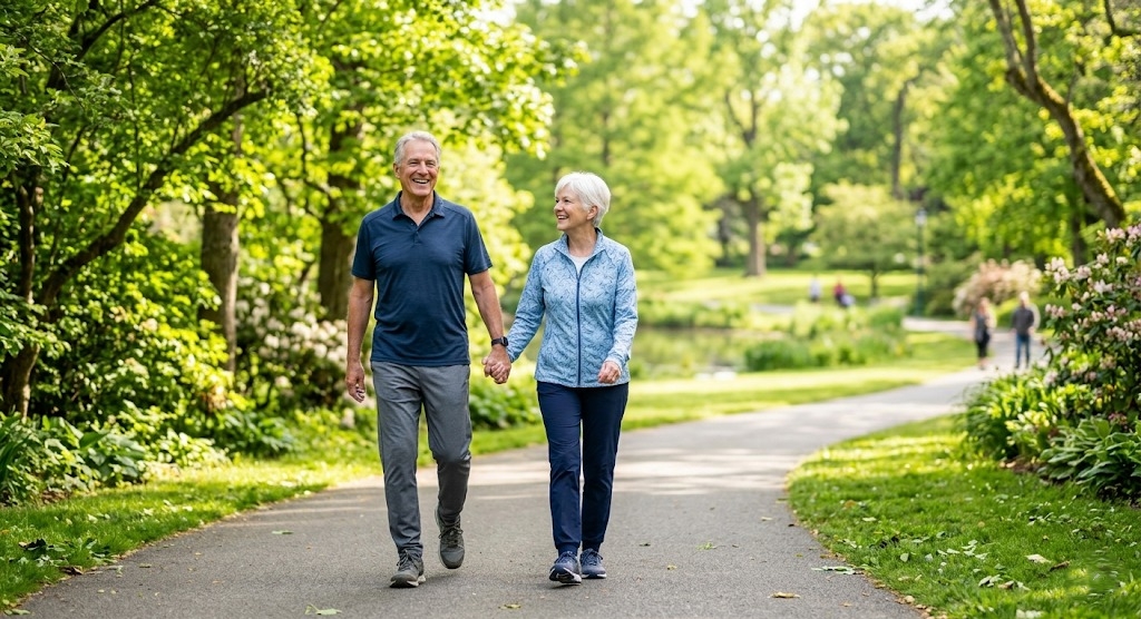 Healthy senior man walking in a park, demonstrating successful recovery and prevention of heart surgery side effects