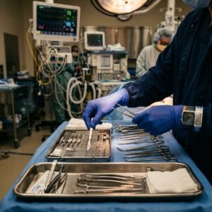Cardiac surgeon performing aortic repair surgery
