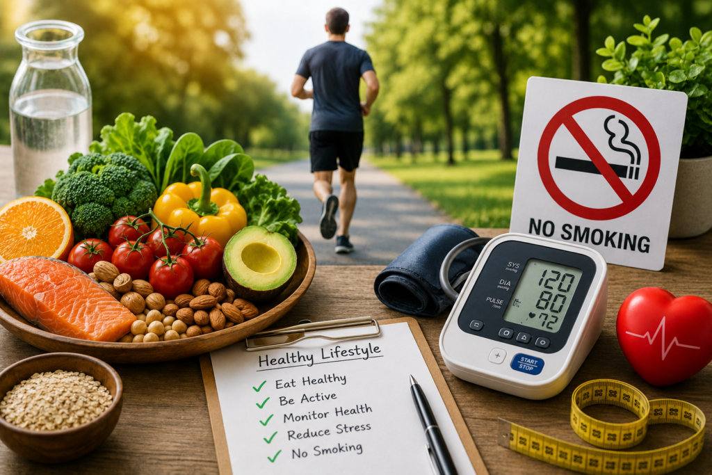 Healthy Lifestyle with Nutritious Food, Exercise, Blood Pressure Monitoring, and No Smoking