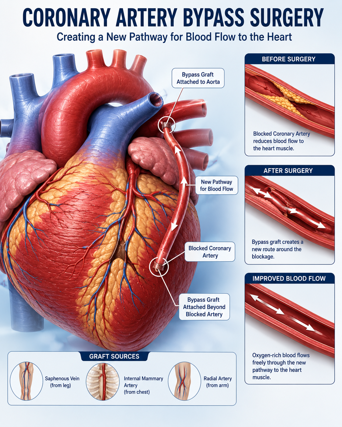 Medical Illustration Showing Coronary Artery Bypass Surgery with New Blood Flow Pathway