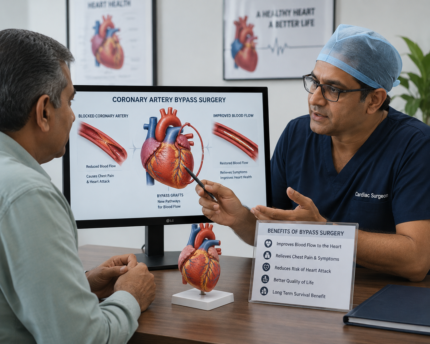 Cardiac Surgeon Discussing Bypass Surgery Benefits with a Patient Using Coronary Artery Images