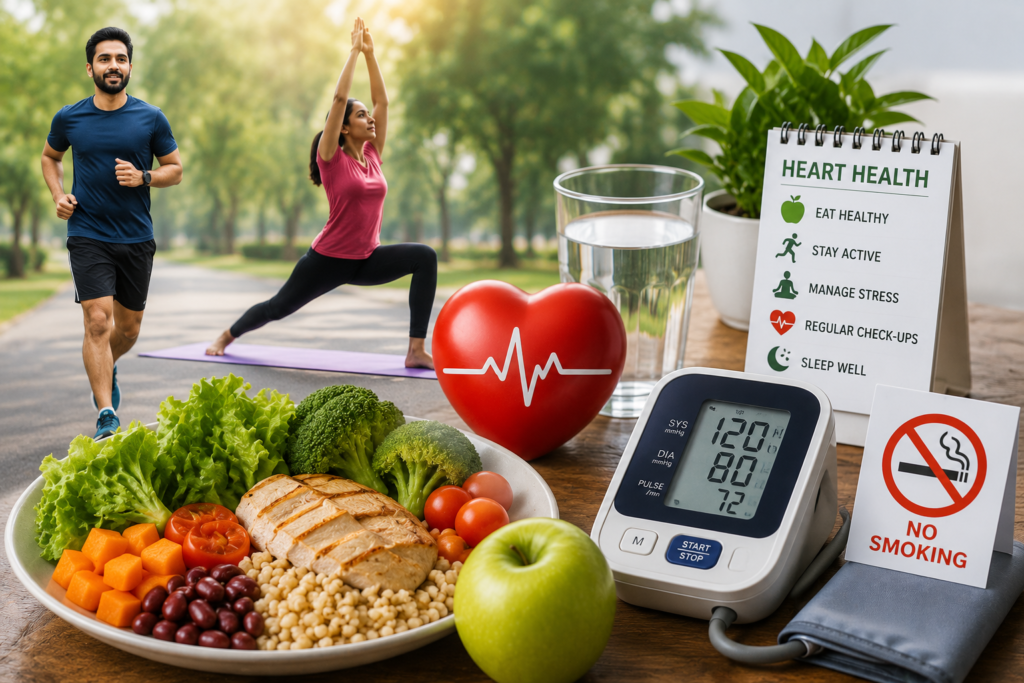 Healthy Lifestyle with Nutritious Food, Exercise, Blood Pressure Monitoring, and No Smoking