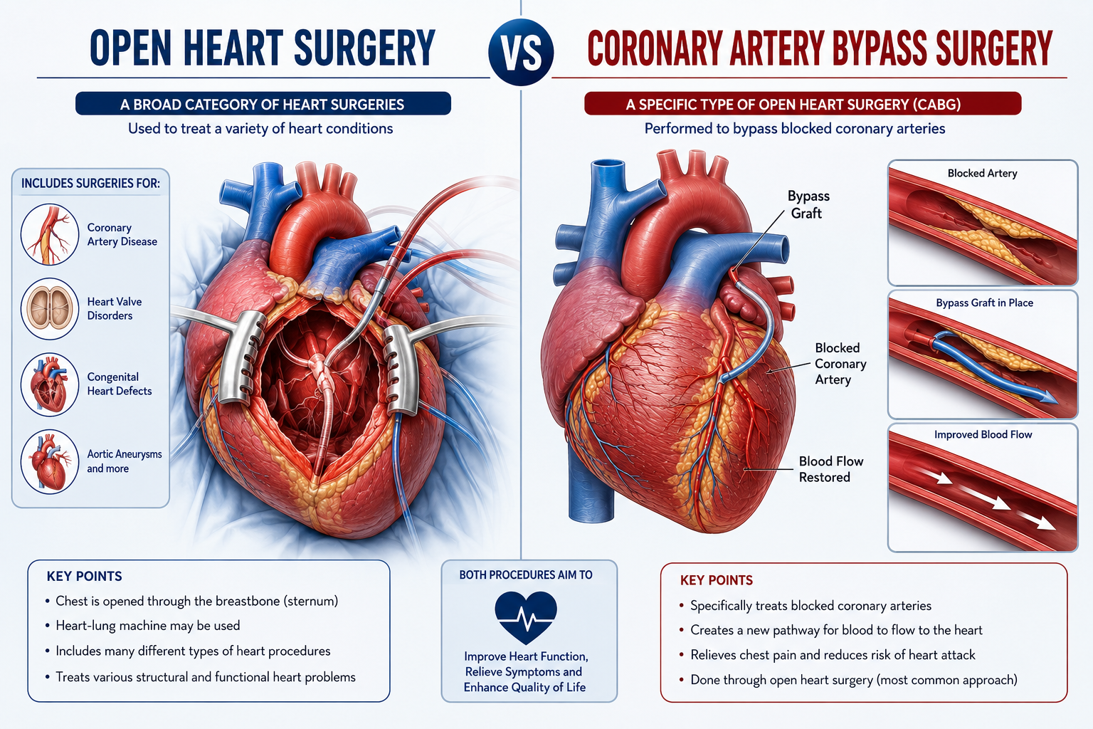 Side-by-Side Medical Illustration Comparing Open Heart Surgery and Coronary Artery Bypass Surgery