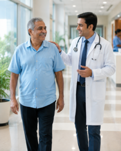 Happy Recovering Heart Patient Walking Comfortably with a Cardiologist After Successful Bypass Surgery
