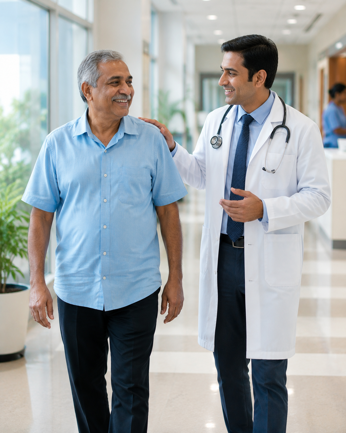 Happy Recovering Heart Patient Walking Comfortably with a Cardiologist After Successful Bypass Surgery